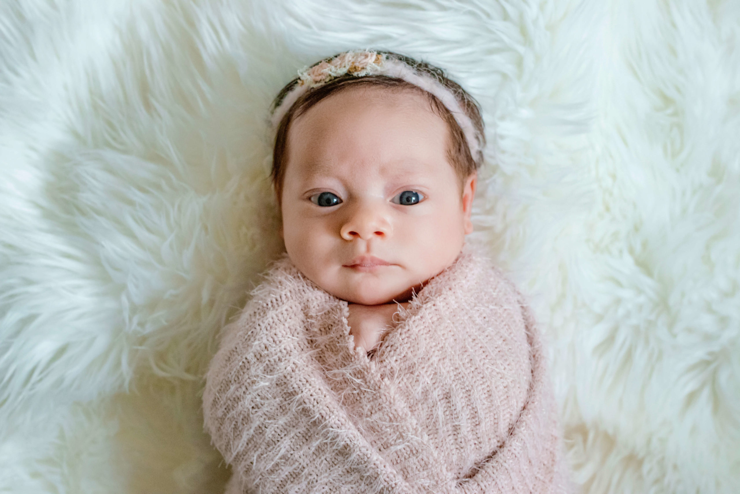 newborn baby girl in a pink wrap for a lifestyle newborn session