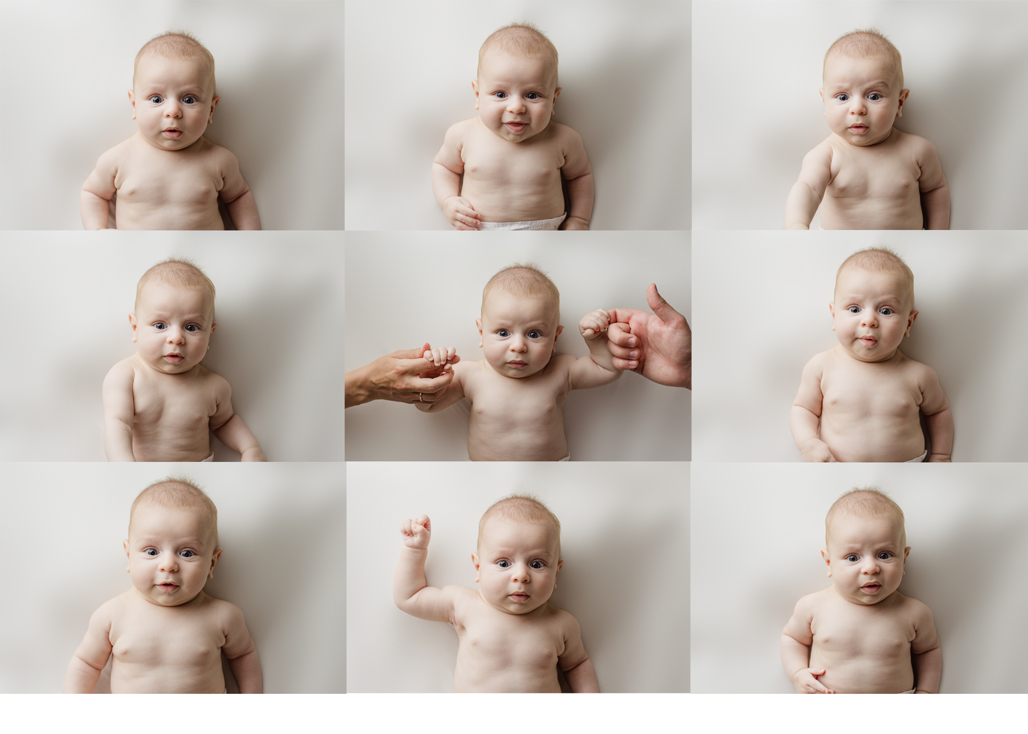 three month old baby boy posing for expression shots in Milwaukee photography studio